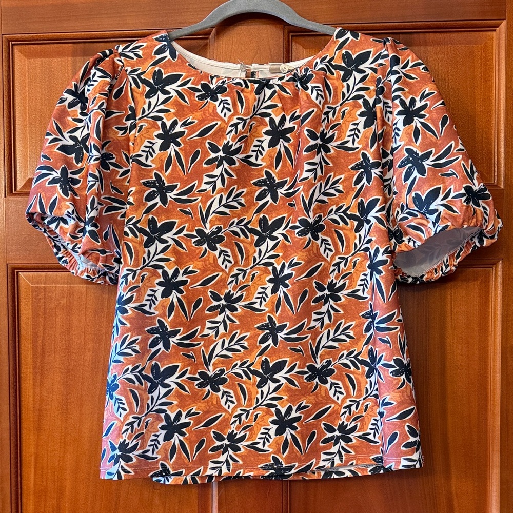 MELLODAY Floral Puff Sleeve Blouse - Orange and Black